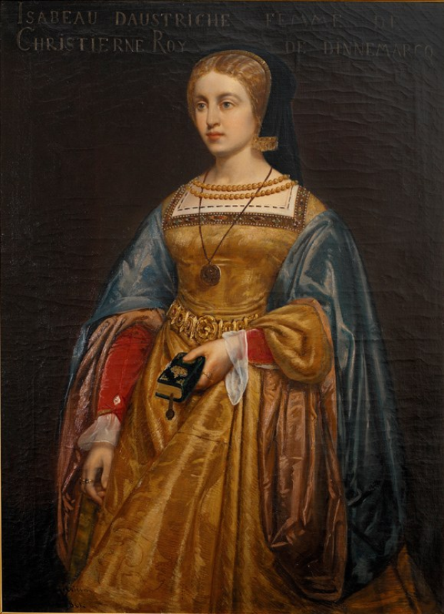 Gemälde von Isabella daustriche in einem goldenen Kleid mit detaillierten Verzierungen, ihre Haare zu einem ordentlichen Knoten gebunden, majestätisch mit einem seren expression, von Christierne Roy.