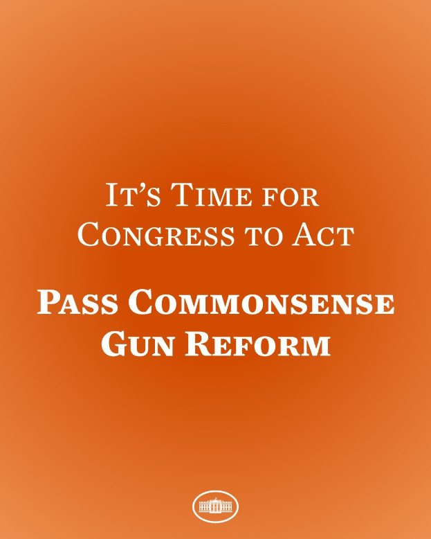 Plakat mit fettem schwarzem Text "Es ist Zeit für den Kongress, Commonsense-Waffengesetz zu erlassen" auf orangefarbenem Hintergrund.