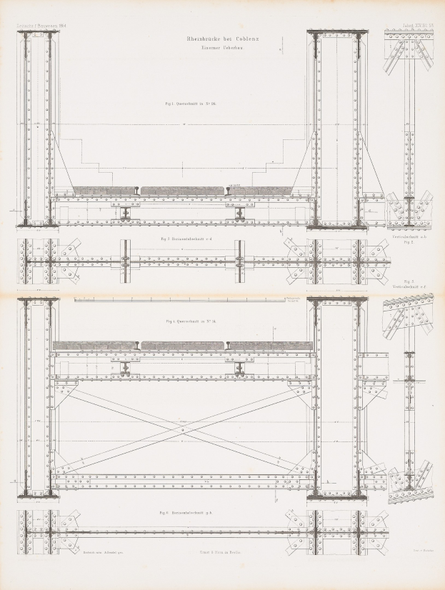 Ausführliches architektonisches Detailbild eines Brückenbauplans aus einem Buch, das strukturelle Komponenten wie Balken und Seile mit begleitendem erklärendem Text zeigt.