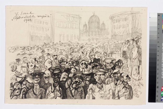 Schwarze und weiße Zeichnung einer Protestaktion mit Menschen, die schreien und gestikulieren, vor einem hohen Gebäude, mit Farbskalen auf der rechten Seite.