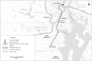 Schwarze und weiße Stadtkarte mit einem Fluss, beschriftet "Vorgeschlagenes S-Bahn-Projekt", zeigt Straßen, Highways und Stadtmerkmale.