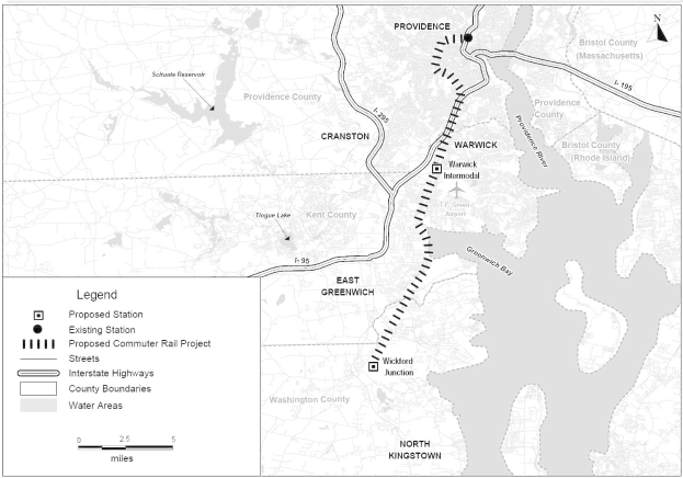 Schwarze und weiße Stadtkarte mit einem Fluss, beschriftet "Vorgeschlagenes S-Bahn-Projekt", zeigt Straßen, Highways und Stadtmerkmale.