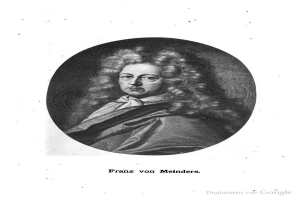 Schwarzes und weißes Portr├Ąt von Franz von Meinders, einem deutschen Komponisten mit langen lockigen Haaren, mit deutschem Text unten.