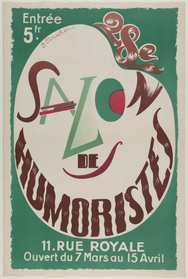 Plakat, das eine Humoristenvorstellung in Paris, Frankreich, ankündigt und Text, der die Angebote beschreibt.