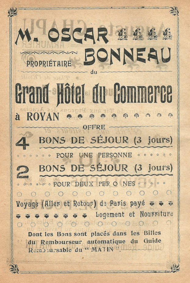 Schwarze und weiße Anzeige für das Grand Hotel du Commerce in Paris mit Text über die Hoteldienste.
