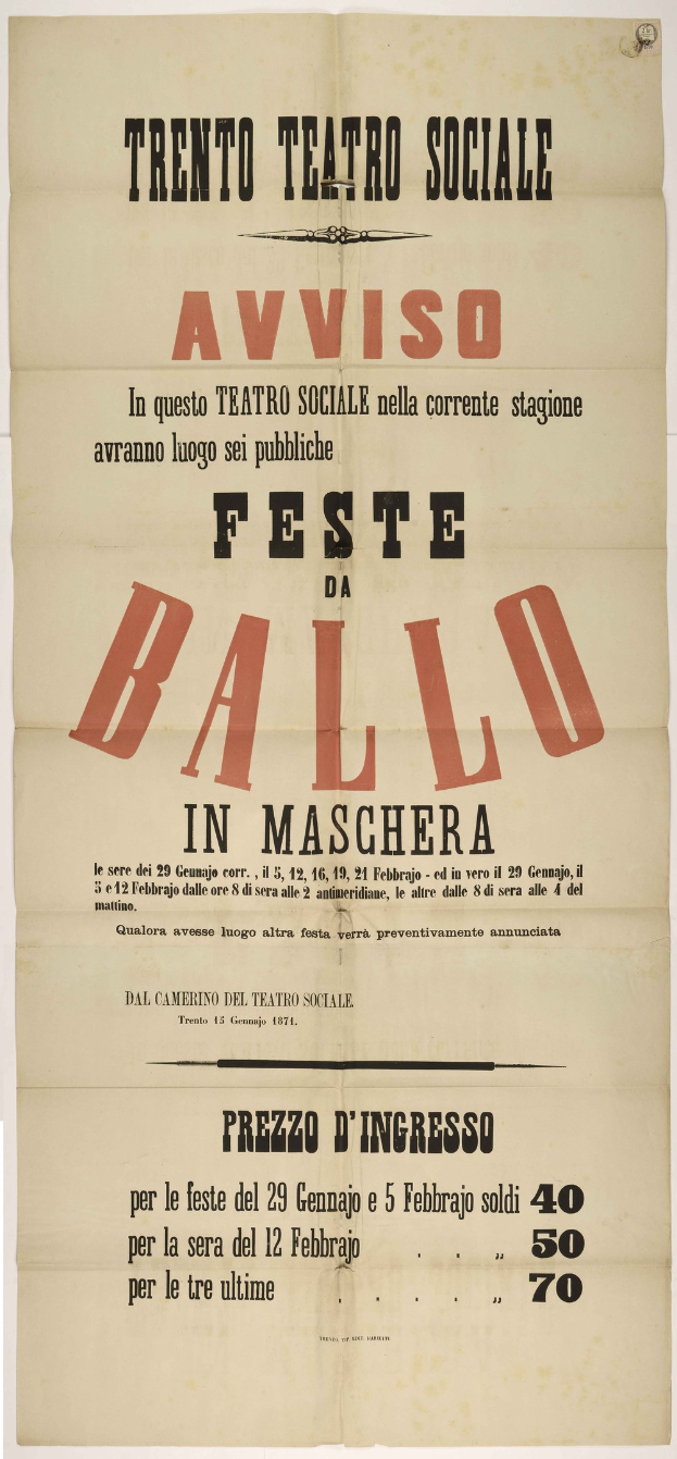Alter Plakatwerbung für ein Festival in Maschera, Italien, mit Text zur Beschreibung des Ereignisses.