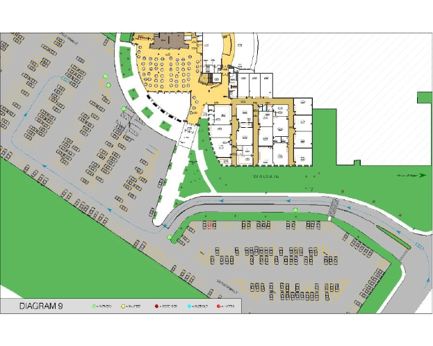 Lageplan-Karte einer neuen Entwicklung in San Antonio, Texas, mit Straßen, Gebäuden und Sehenswürdigkeiten.