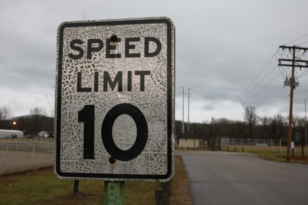 Geschwindigkeitsbegrenzungsschild am Rande einer Straße mit umliegender Wiese, Strommästen, einem Zaun, Häusern, Bäumen und einem bewölktem Himmel im Hintergrund.