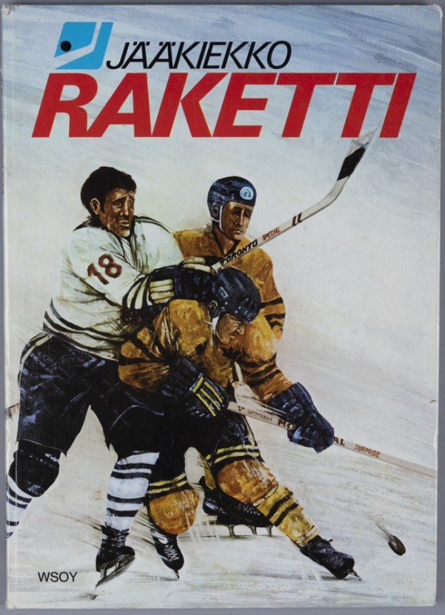 Buchumschlag mit dem Titel "Jääkiekko Raketti" zeigt drei Personen beim Eishockeyspielen mit Hockeystöcken auf einer flachen Oberfläche.
