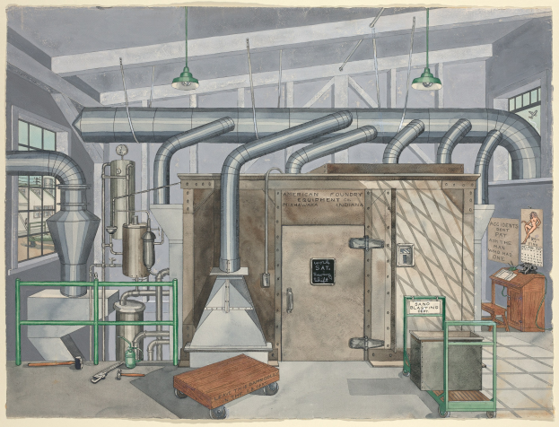 Ein detailliertes industrielles Fabrikinnere mit Maschinen, Rohren, einer beschrifteten Tafel, die "American Foundry Equipment Co, Indiana" trägt, und verschiedenen Geräten wie einem Wagen, einem Tisch, einem Stuhl und Deckenleuchten.
