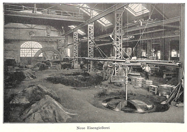 Schwarzes und weißes Foto eines Fabrikinneren mit Arbeitern, die an Maschinen arbeiten, Metallstangen und -rohre, beschriftet mit 'Neue Eisengießerei, die erste Fabrik in Deutschland' unten.