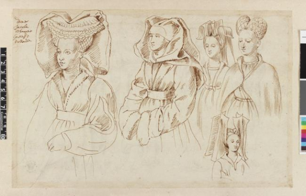 Eine detaillierte, realistische Zeichnung von drei Frauen in Kleidern und Hüten mit einer Skala und einem Farbpalette auf dem Papier.