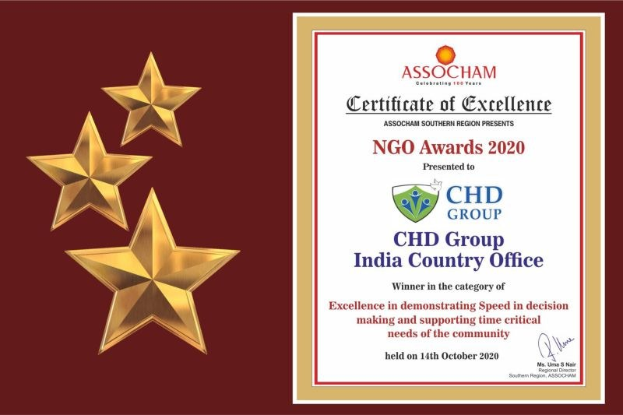 Auszeichnung "Exzellenzzertifikat" für den NGO Award 2020 an die CHD Group India Country Office verliehen, mit einem Schild-Logo mit einem zentralen Stern und einem Lorbeerkranz.