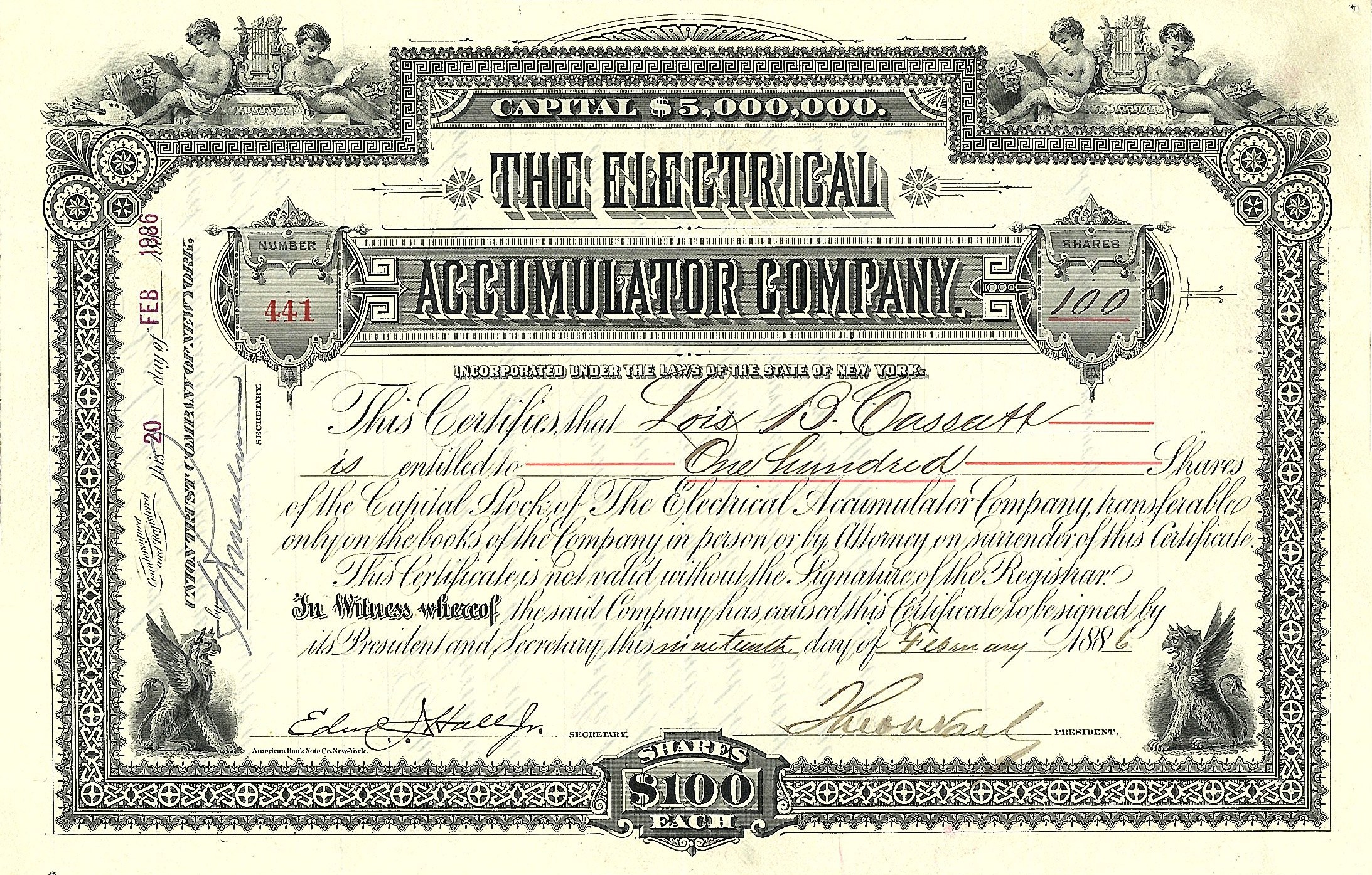 Aktienbescheinigung für die Electrical Accumulator Company mit detaillierten Designs, Texten und numerischen Angaben.
