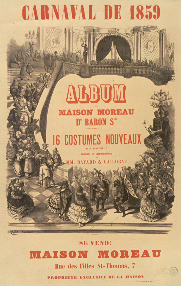 Ein Vintage-Plakat für den Fasching von 1859, das eine Gruppe in farbenfrohen Kostümen mit beschreibendem Text zeigt.