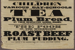 Ein Blatt mit Text, auf dem steht, dass Kinder aus verschiedenen Tagesschulen Tee, Pflaumenbrot, Rinderbraten und Pflaumenpudding erhalten werden.