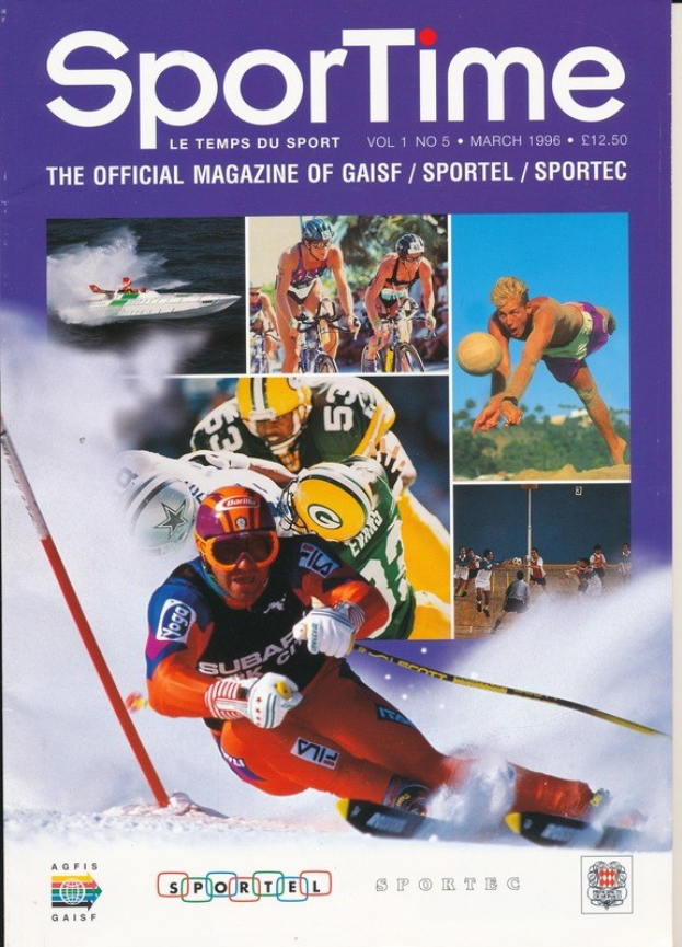 Farbiges Magazin-Cover mit der Aufschrift "Sporttime Magazine - März 1996" mit Bildern von Skifahrern und Snowboardern sowie Text und Logos.