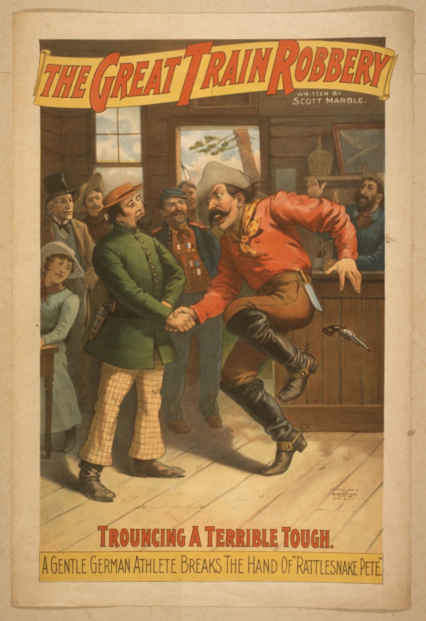 Plakat für "Die große Zugraubüberfall" zeigt eine Gruppe von Menschen mit einer Person, die eine Waffe hält, ein Fenster, eine Wand und Text, der "Die große Zugraubüberfall - Trouching a Terrible Tough" lautet.