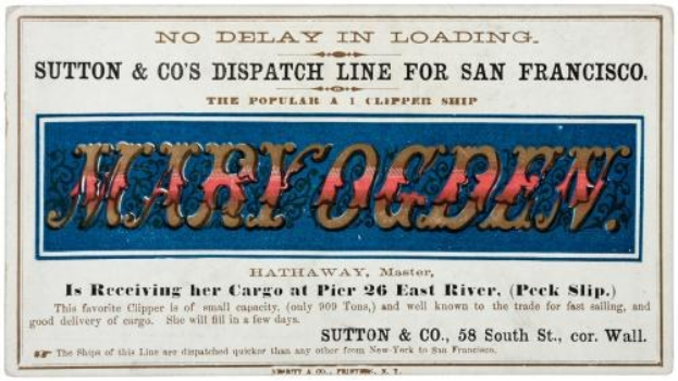 Papierumschlag mit der Aufschrift "Sutton & Co's Dispatch Line for San Francisco" für ein Klipper-Schiff.