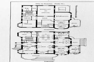 Ein Schwarz-Weiß-Entwurf eines Grundrisses eines Hauses mit mehreren Zimmern, das mit Details über die Zimmeranzahl und -größen beschriftet ist, wird als die Villa in Dresden, Deutschland, vermutet.