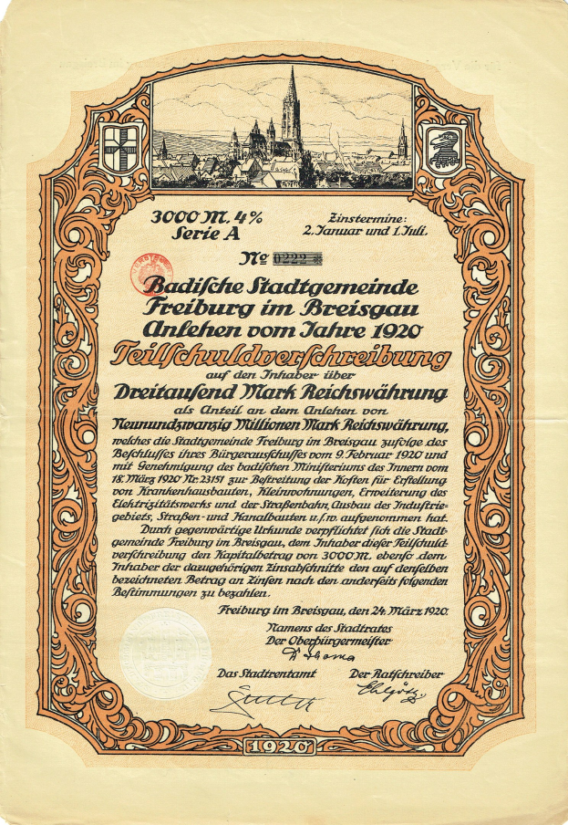 Altes deutsches Aktienzertifikat mit einer Stadtansicht und bedrucktem Text über die Aktienherkunft.