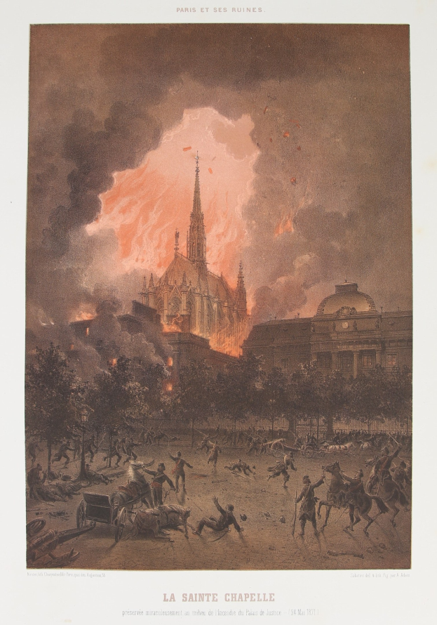 Plakat, das die Verbrennung der Sainte-Chapelle in Paris zeigt, mit Chaos aus Menschen, Pferden, Wagen, Bäumen, Gebäuden und Rauch, der in den Himmel aufsteigt, mit französischem Text unten.