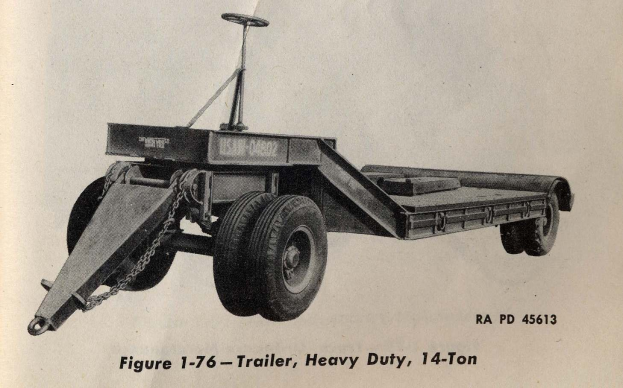 Schwarz-weiß-Foto eines Schwerlast-Anhängers mit einer Tragfähigkeit von 14 Tonnen, das unten mit zusätzlichen Texten versehen ist.