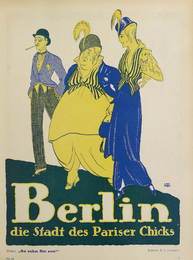 Plakat für ein Konzert in Berlin, Deutschland, das eine Gruppe von Menschen in bunter Kleidung vor einem Gebäude mit der Aufschrift "Berlin - Die Stadt des Pariser Chicks" an der Spitze zeigt.