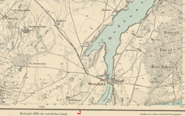 Ausführliche alte Karte von Stendsitz, Deutschland, mit Straßen, Gebäuden, Sehenswürdigkeiten und einem Fluss, sowie Text zu Bevölkerung, Dichte und Standortinformationen.