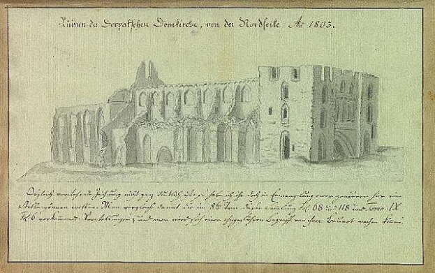 Ein detailliertes Skizze einer verfallenen Kirche in Deutschland, mit begleitendem Text, vor einer grünen Landschaft.