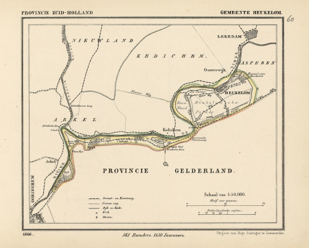 Ein altes, detailliertes Stadtplan von Gelsenkirchen, Niederlande, mit Straßen, Gebäuden, Sehenswürdigkeiten und Texten mit Informationen über Städte, Orte und Entfernungen.