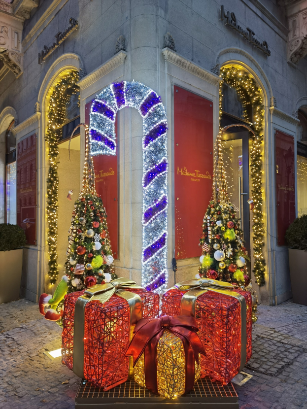 Ein Gebäude mit festlicher Weihnachtsdekoration, bestehend aus zwei geschmückten Tannenbäumen, Geschenkboxen, Topfpflanzen, einer Tür und Fenstern.