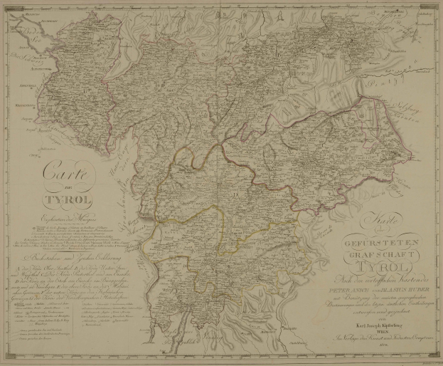Alte Landkarte von Tirol, Deutschland, mit Städten, Dörfern, geografischen Merkmalen und textuellen Anmerkungen, einschließlich Bevölkerung, Straßen und Sehenswürdigkeiten.