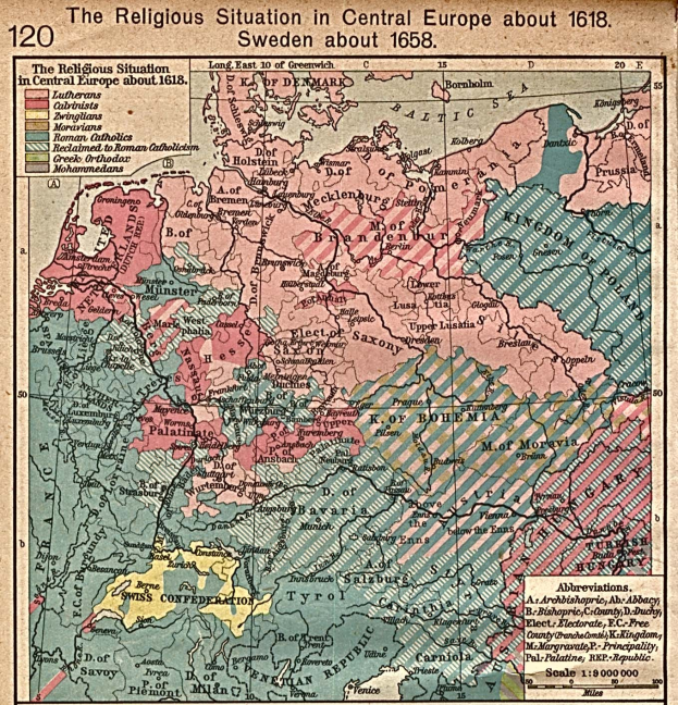 Eine historische Landkarte Mitteleuropas aus dem Jahr 1618, die die religiöse Landschaft der Region mit detaillierten Textanmerkungen zeigt.