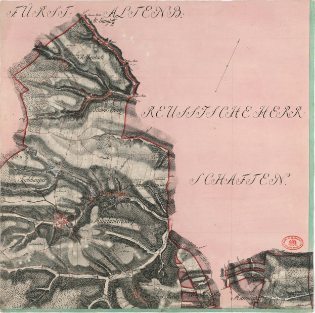 Alte detaillierte Karte von Schaffen, Deutschland, zeigt Straßen, Gebäude und Sehenswürdigkeiten mit Textangaben zur Bevölkerung, Dichte und Lage.