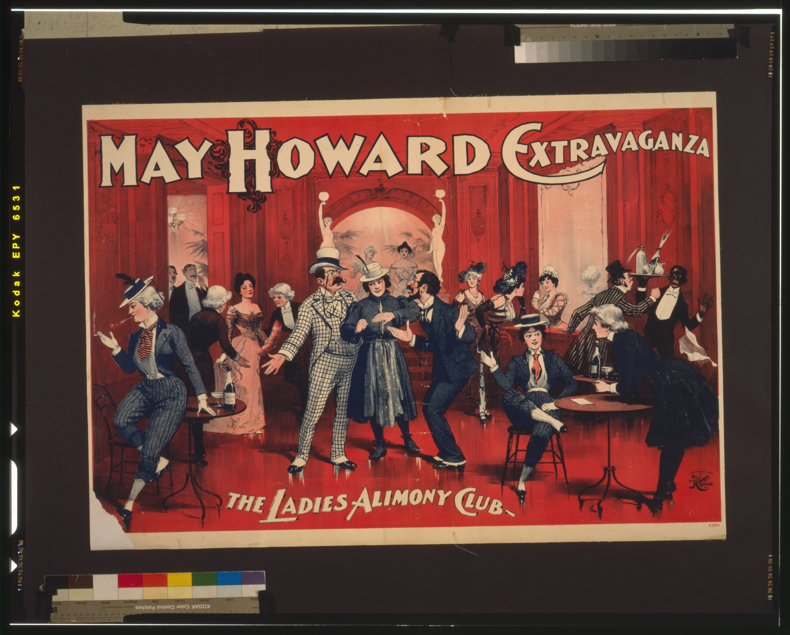 Plakat f"ur das May Howard Extravaganza im Ladies Alimony Club, das eine Gruppe von Menschen an Tischen zeigt.