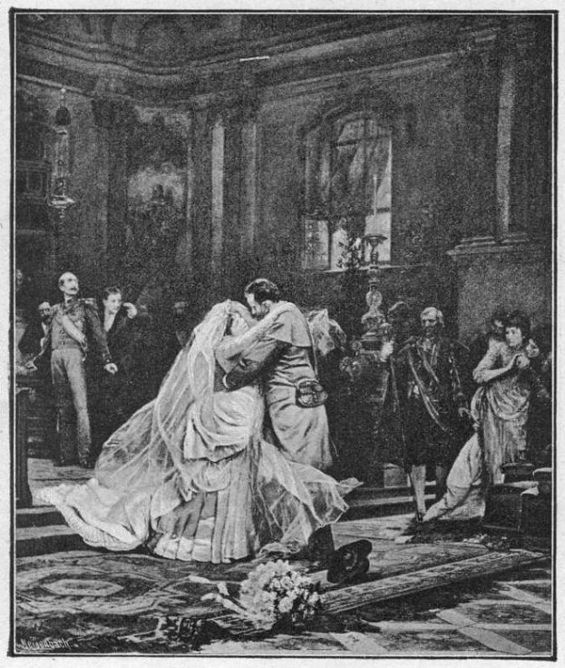 Schwarz-weißes Foto einer Braut und eines Bräutigams, die leidenschaftlich vor einer Menge knutschen, mit einem Blumenstrauß auf dem Boden und einer fensterumrahmten Wand im Hintergrund.