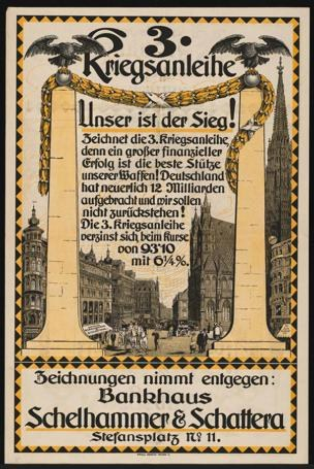 Alter deutscher Propagandaplakat für die 3. Reichsbanleihe in einem Foto Rahmen, das eine Stadtlandschaft mit Gebäuden, Menschen und Text zeigt.