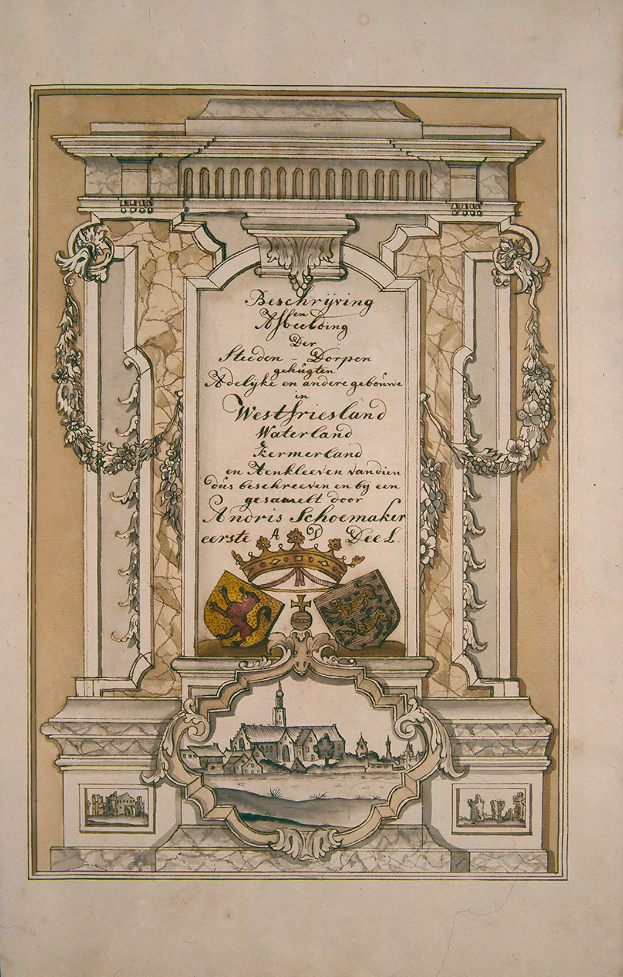 Altes Buch mit einer detaillierten Illustration eines klassisch anmutenden Gebäudes mit kunstvollen Verzierungen und Text auf der Fassade.