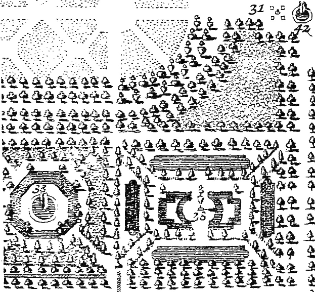 Schwarz-weiß-Karte aus dem 16. Jahrhundert mit beschrifteten Gebäuden, Straßen und Sehenswürdigkeiten, die das Stadtlayout und Details zeigt.