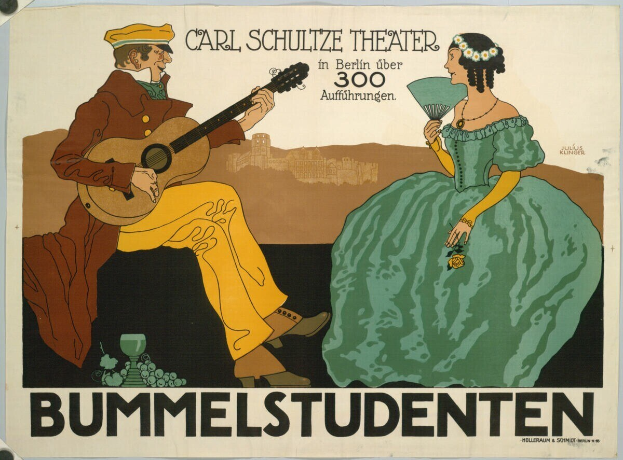 Plakat für ein Konzert im Carl-Schulze-Theater in Berlin mit einem Mann, der eine Gitarre spielt und einer Frau, die einen Fächer hält.