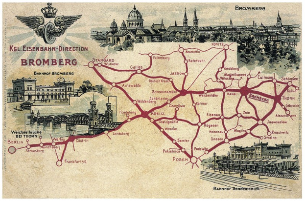Ein detailliertes Plakat mit einer Karte von Bromberg, Deutschland, das Straßen, Gebäude, Bäume, eine Brücke und historischen und kulturellen Informationen zeigt.