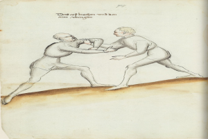 Zwei Männer stehen sich gegenüber und sind in eine körperliche Auseinandersetzung verwickelt, wobei einer der Männer einen Schlag austeilt und auf einem Blatt Papier mit sichtbarem Text steht.