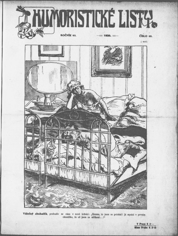 Schwarze und weiße Illustration einer Person, die auf einem Bett liegt, mit einem Spiegel auf dem Nachttisch und einem Rahmen an der Wand, begleitet von Text, der "humoristische liste - tschechoslowakei - 20. april 1920" an der Ober- und Unterseite liest.