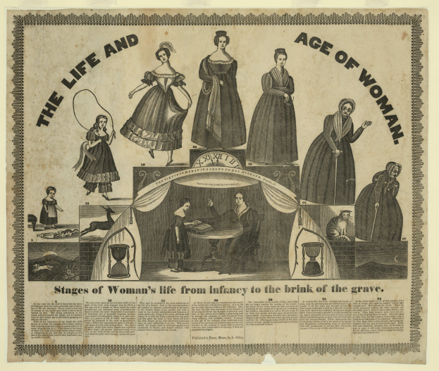 Umschlag eines alten Buches mit dem Titel "Leben und Untersuchung der angehenden Damen" mit drei illustrierten Frauen verschiedenen Alters und Ethnien.