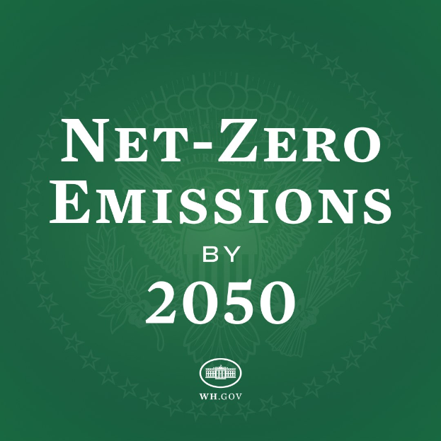 Weißer Text auf grünem Hintergrund liest "netto-null-Emissionen bis 2050" in fetter Schrift.