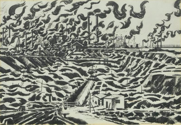 Schwarze und weiße Zeichnung einer Fabrik mit Rauch, der aus den Schornsteinen aufsteigt, umgeben von Häusern und Strommasten, betitelt "Die Fabrik" von Gustav Klimt.
