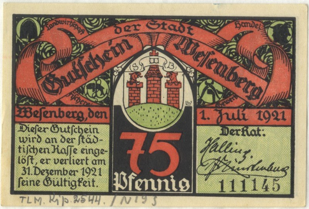 Alte deutsche Banknote mit einem Gebäude, dem Text 'Bundesliga' und einem Logo auf weißem Hintergrund.