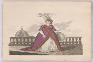Frau in einem purpurweißen Kleid mit Federn auf dem Kopf, die vor einem Geländer mit einem Gebäude und Wolken im Hintergrund steht, beschriftet mit "Fashion of New York, New York Street, 1790."