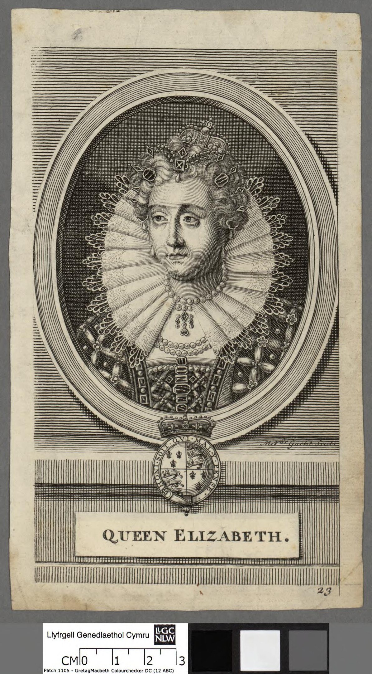 Porträt der Königin Elizabeth I. von England in königlicher Kleidung mit einer Krone und Tiara, ihr Haar zu einem Knoten gebunden, vor einem grauen Hintergrund, seitlich blickend mit einem würdevollen Gesichtsausdruck.